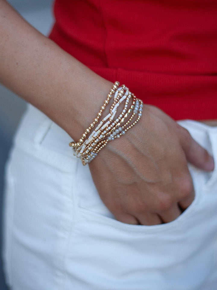 Set of 8 Seed Bead &amp; Crystal/Gold Stretch Bracelet