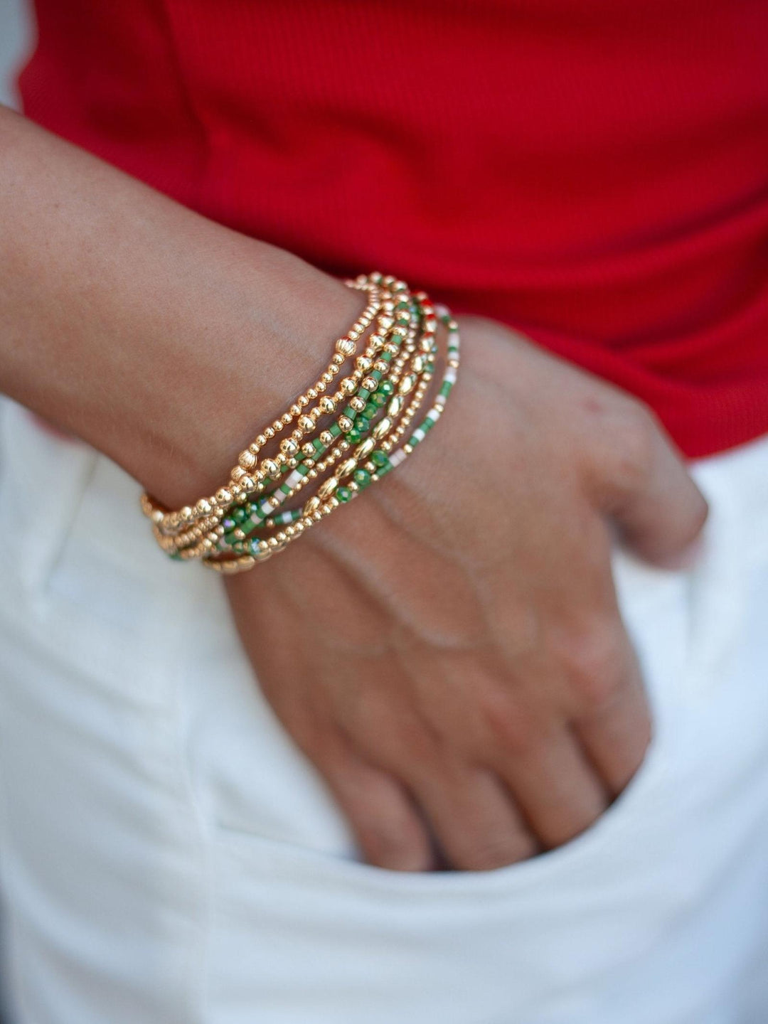 Set of 8 Seed Bead &amp; Crystal/Gold Stretch Bracelet