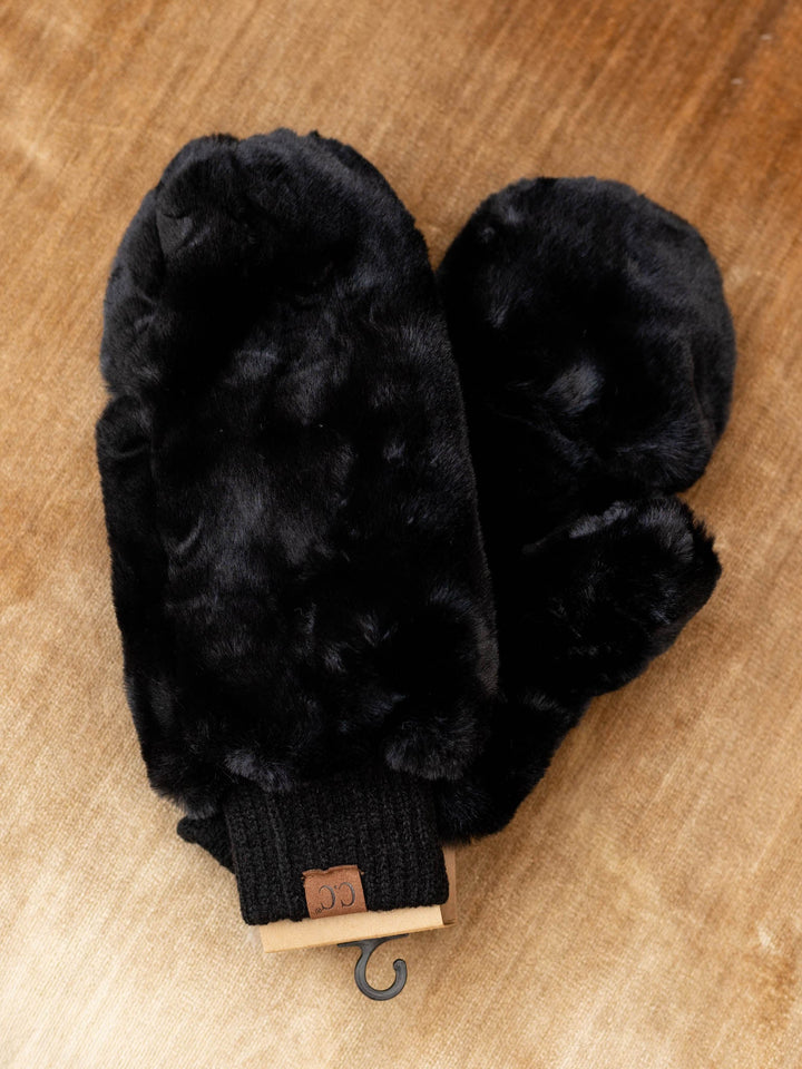 black super soft faux fur mittens