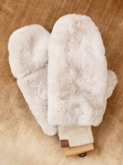 light neutral faux fur mittens