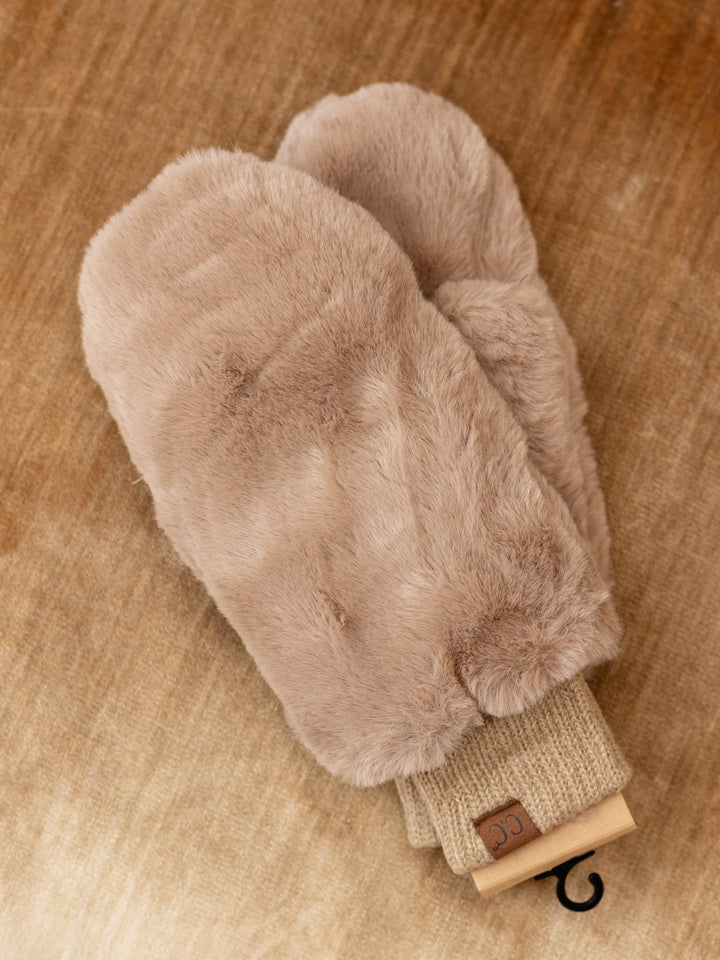 soft tan faux fur mittens