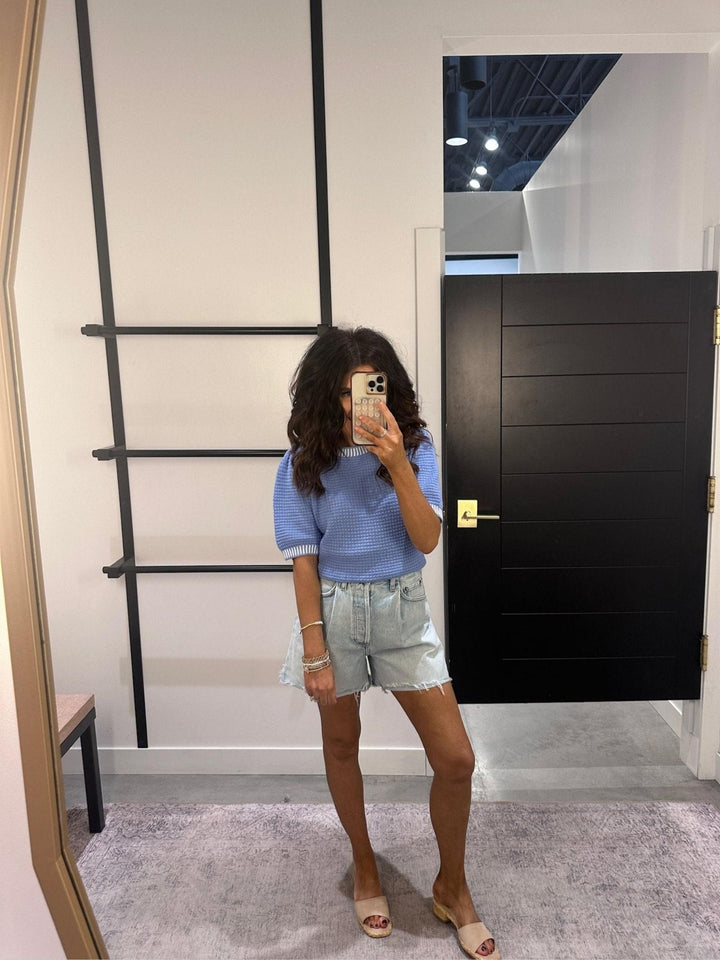 blue textured short sleeve sweater