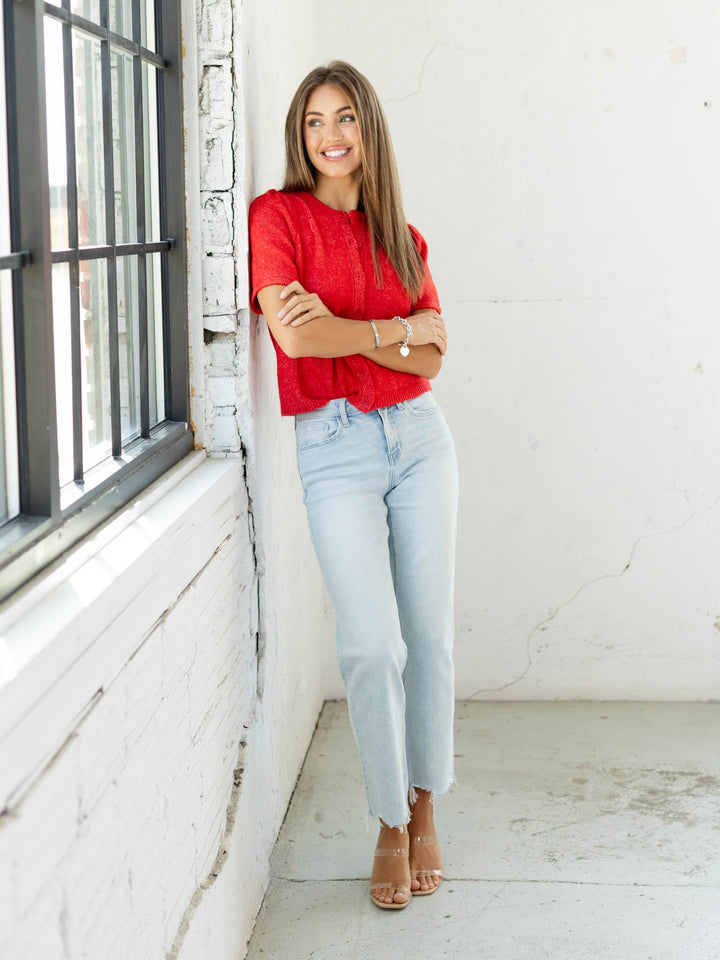 red short sleeve cardigan