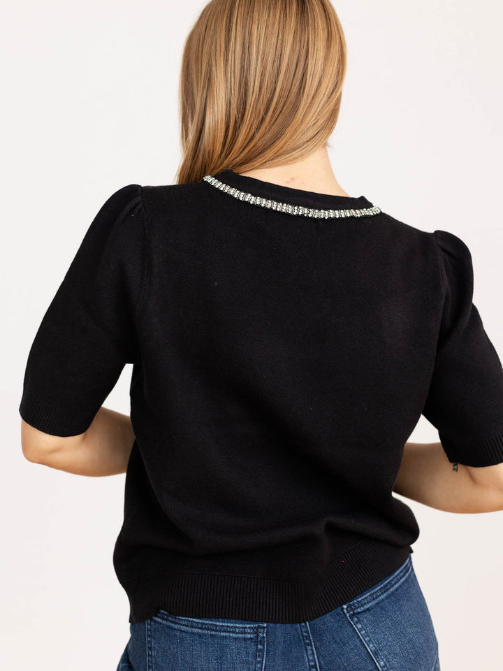 rhinestone collar black puff sleeve sweater