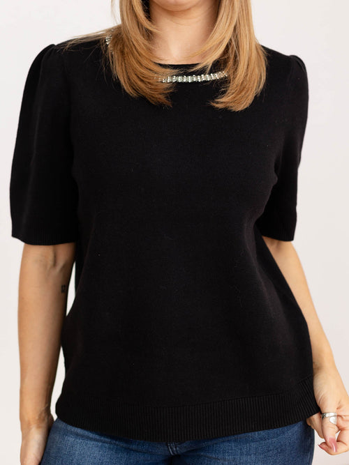 rhinestone collar black puff sleeve sweater