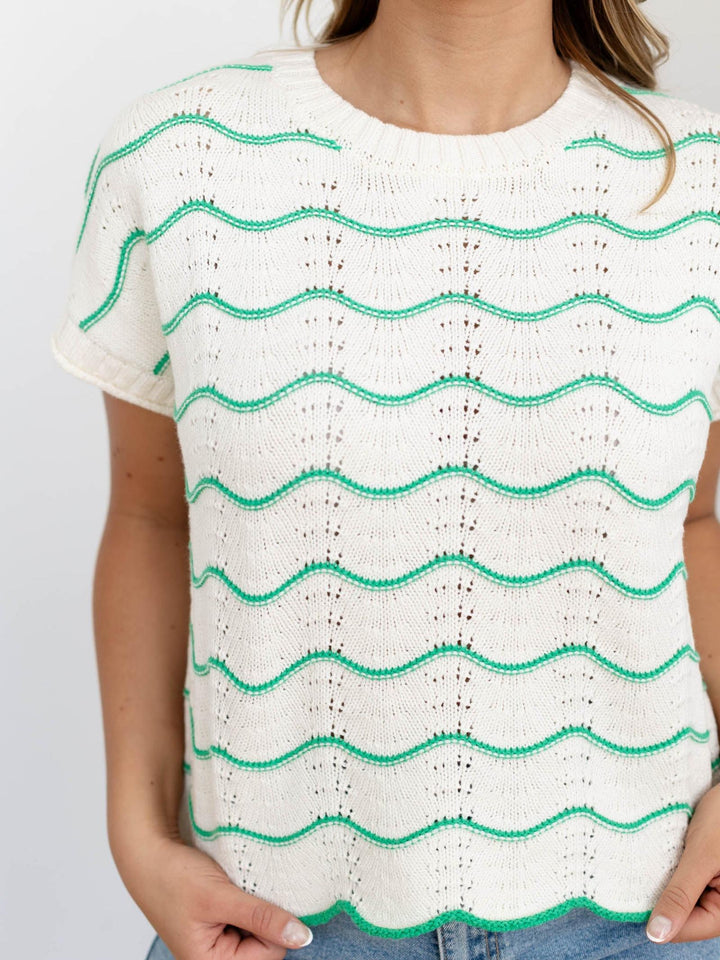 wavy stripe knit short sleeve sweater