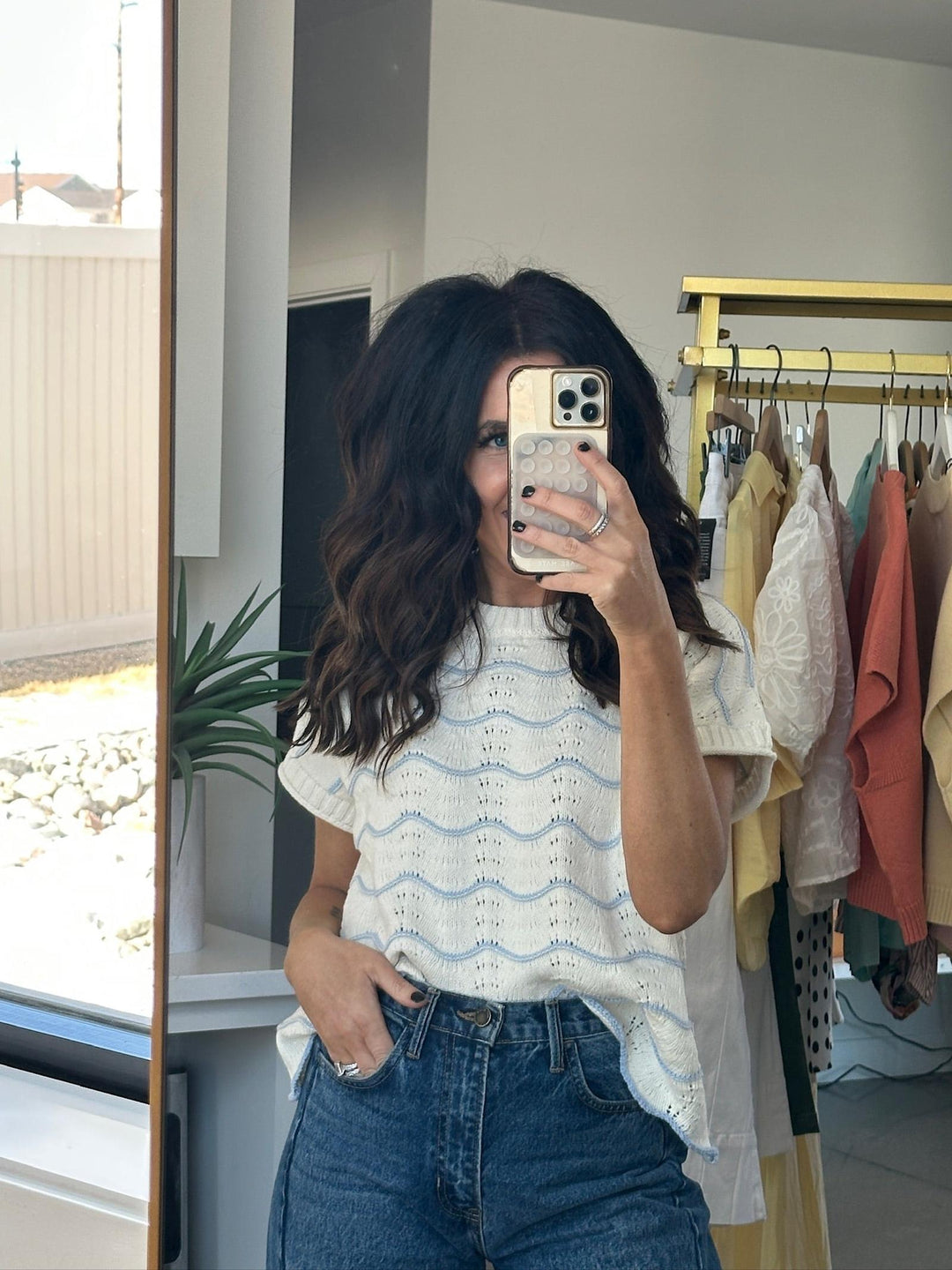 wavy stripe knit short sleeve sweater