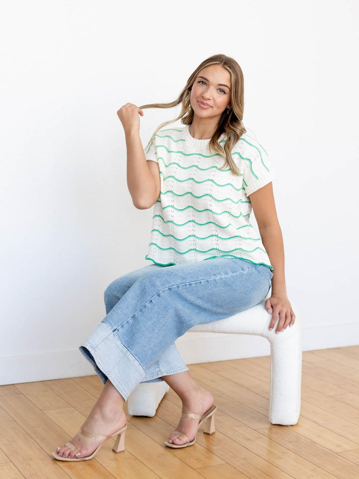 wavy stripe knit short sleeve sweater