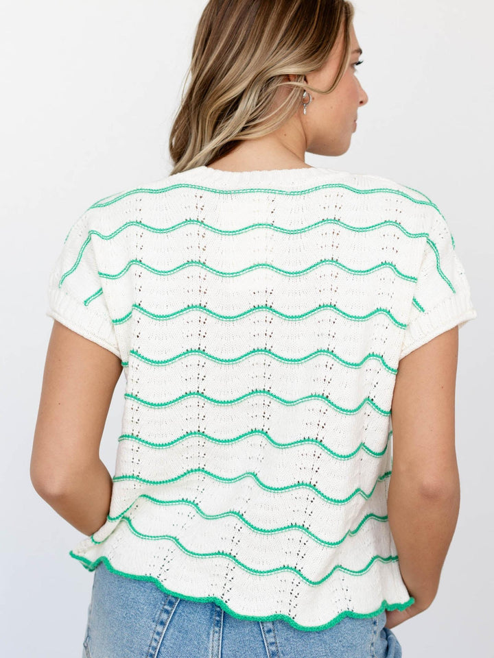 wavy stripe knit short sleeve sweater