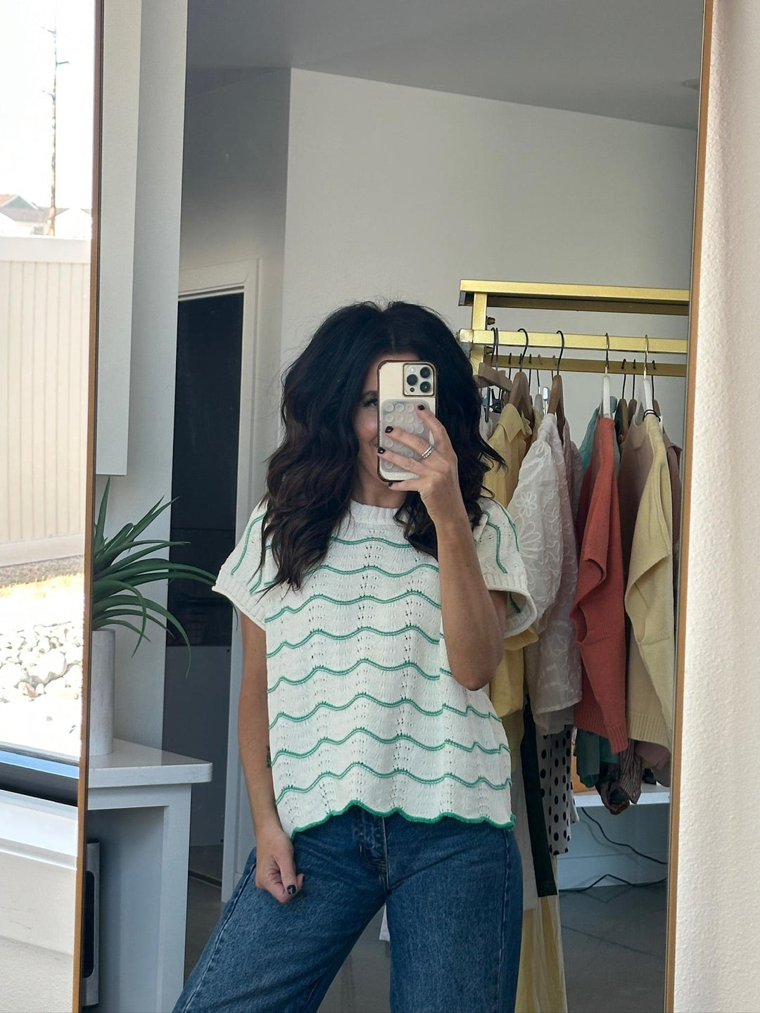 wavy stripe knit short sleeve sweater
