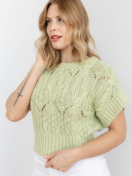 green chunky knit short sleeve sweater