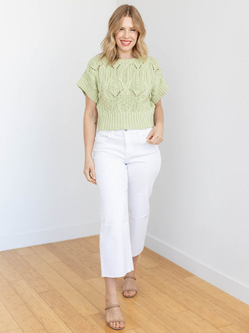 green chunky knit short sleeve sweater