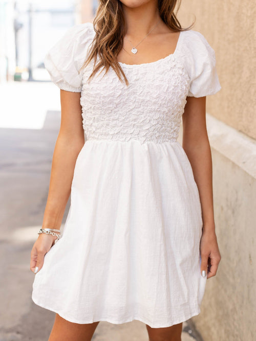 white puckered bodice mini dress