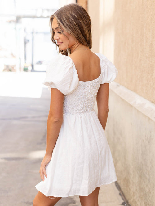 white puckered bodice mini dress