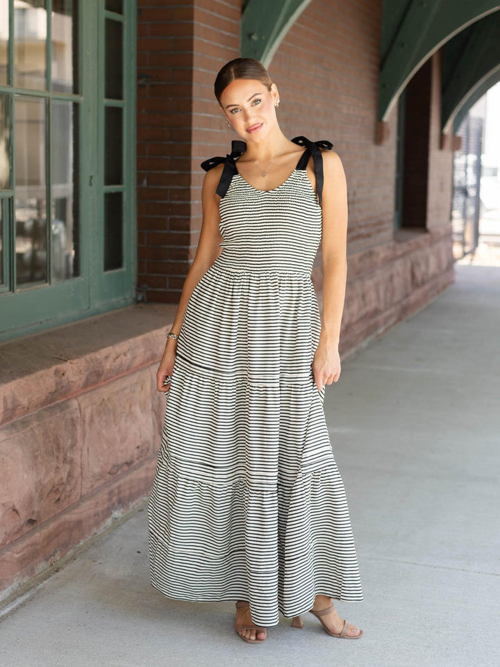 black and white stripe tie strap dress