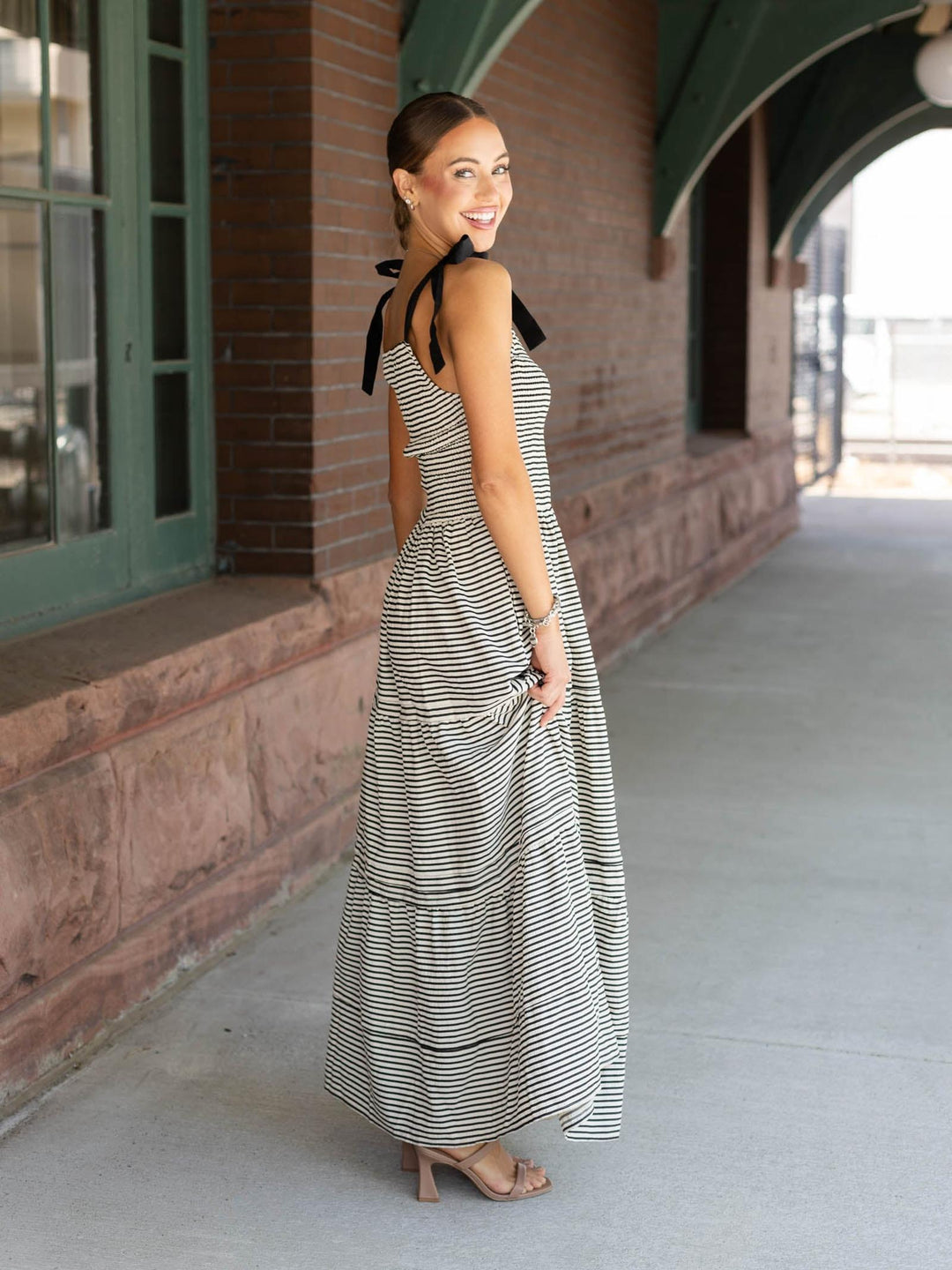 black and white stripe tie strap dress