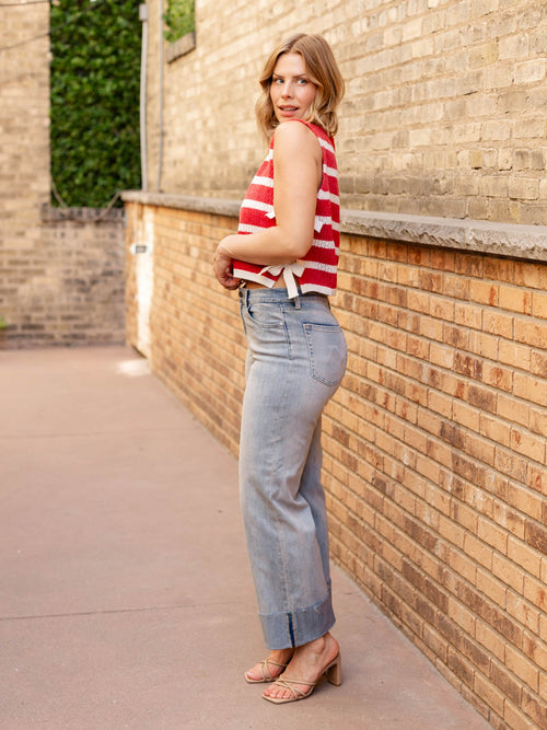 red and white side tie tank