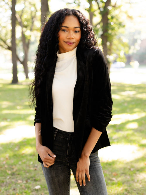 black velvet shirred sleeve blazer