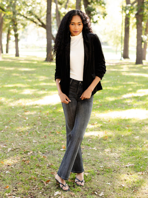 black velvet shirred sleeve blazer