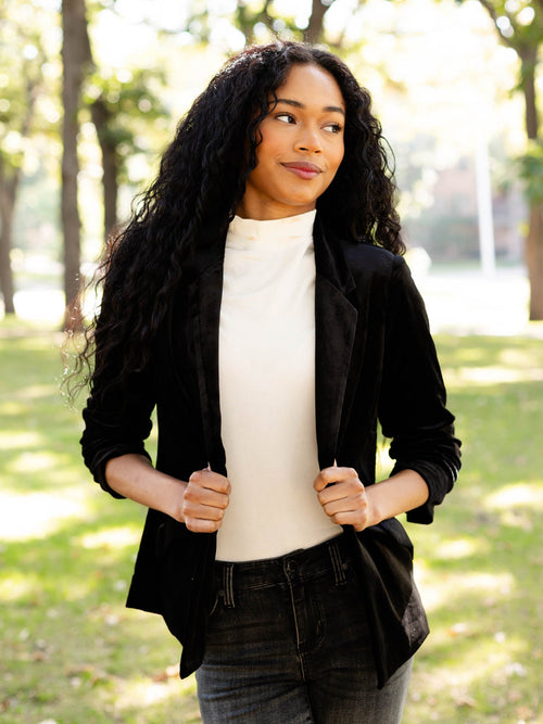 black velvet shirred sleeve blazer