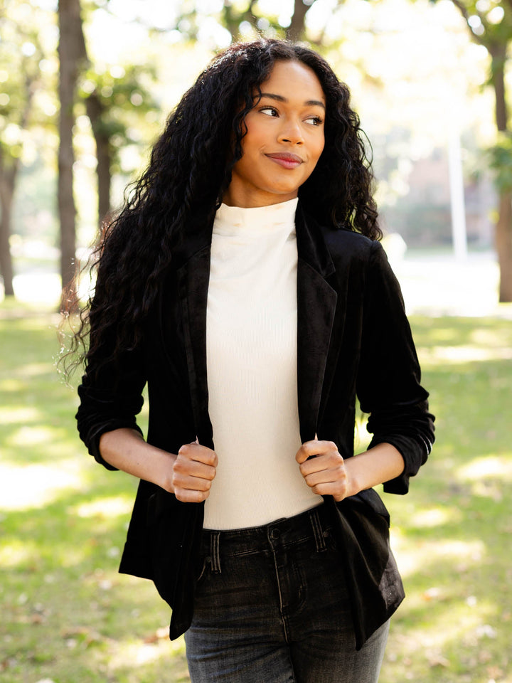 black velvet shirred sleeve blazer