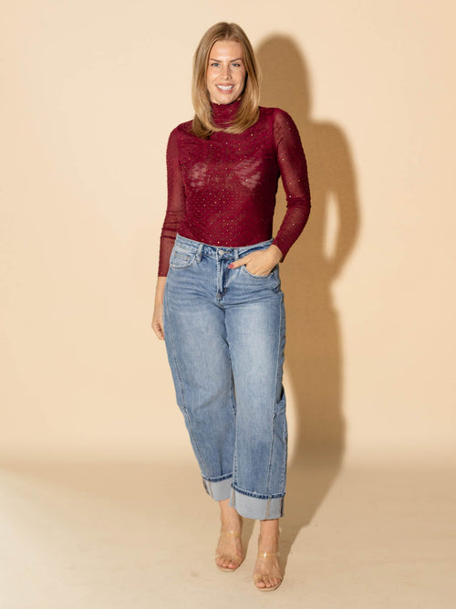 maroon embellished long sleeve mesh top
