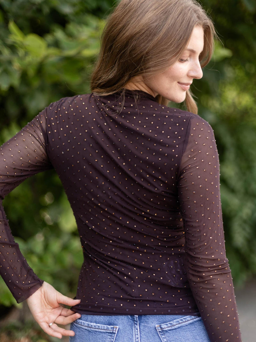 Skies Are Blue Embellishment Detail Mock Neck Top
