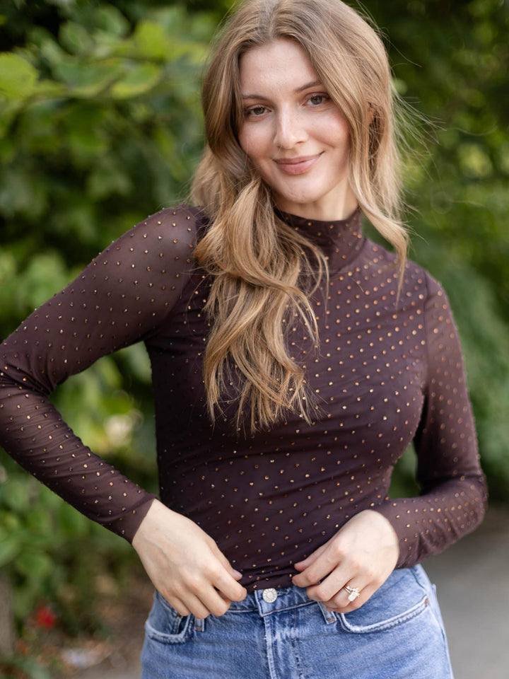 Skies Are Blue Embellishment Detail Mock Neck Top