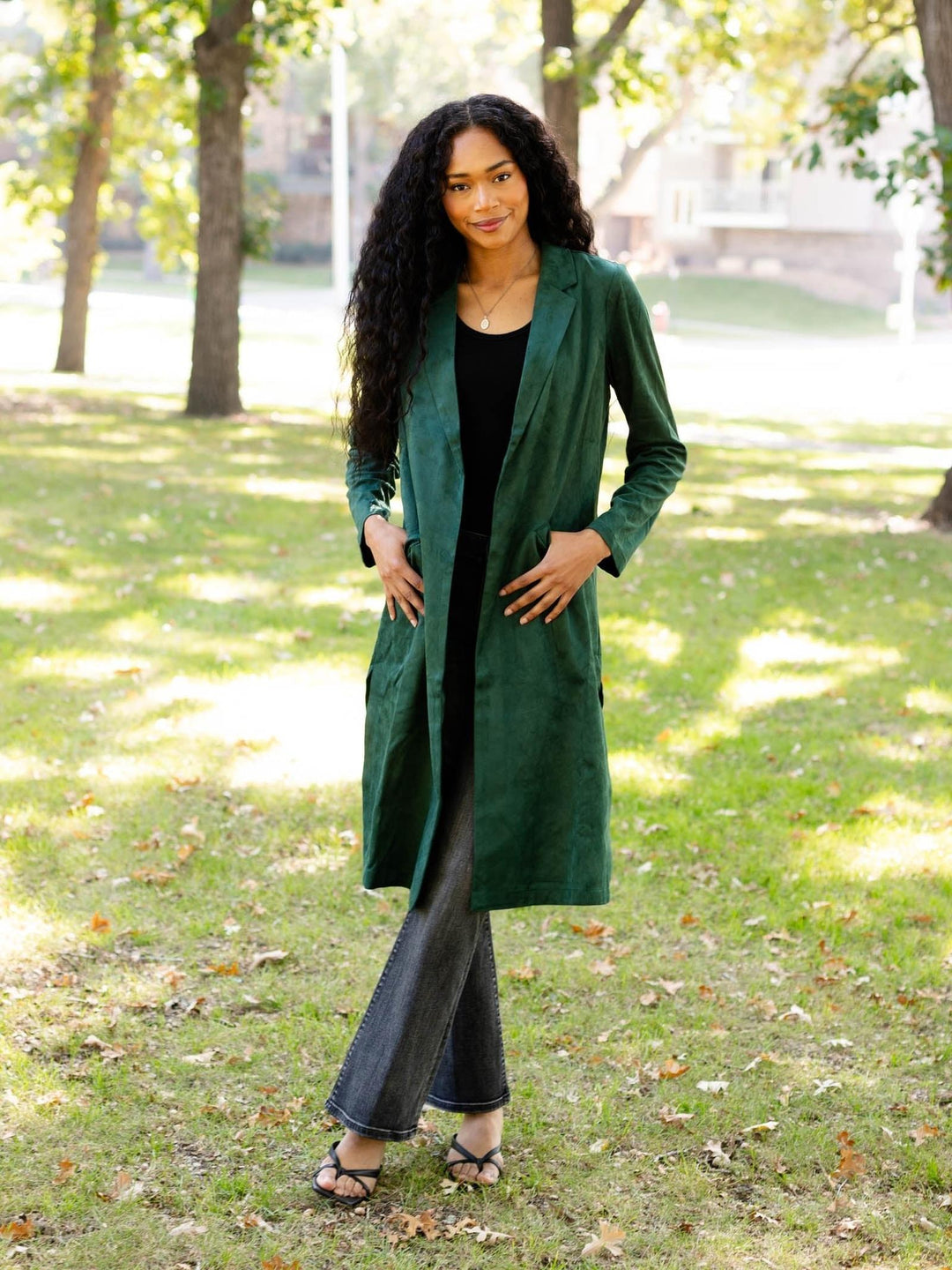 dark green suede duster