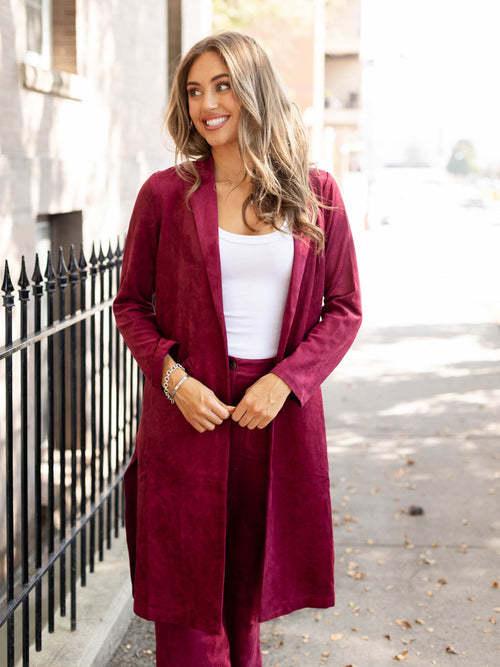 wine colored faux suede duster