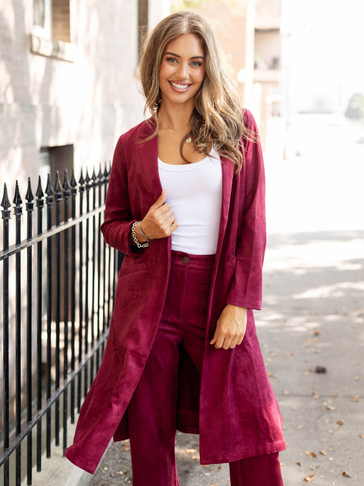 wine colored faux suede duster