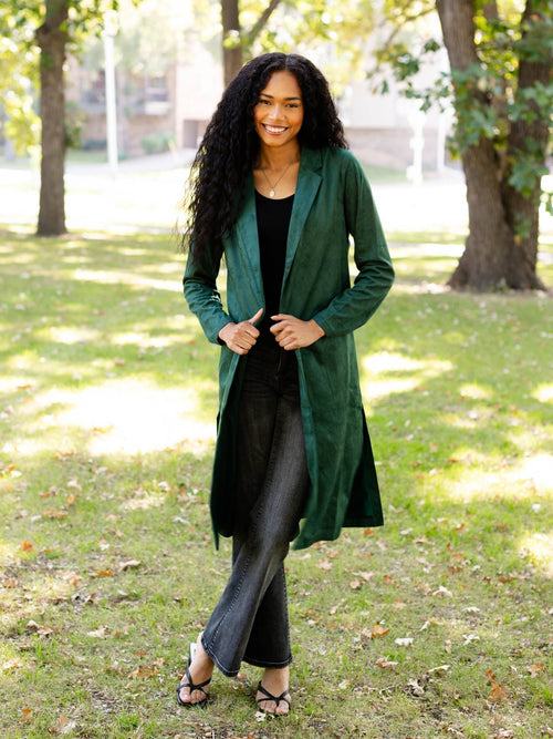 dark green suede duster