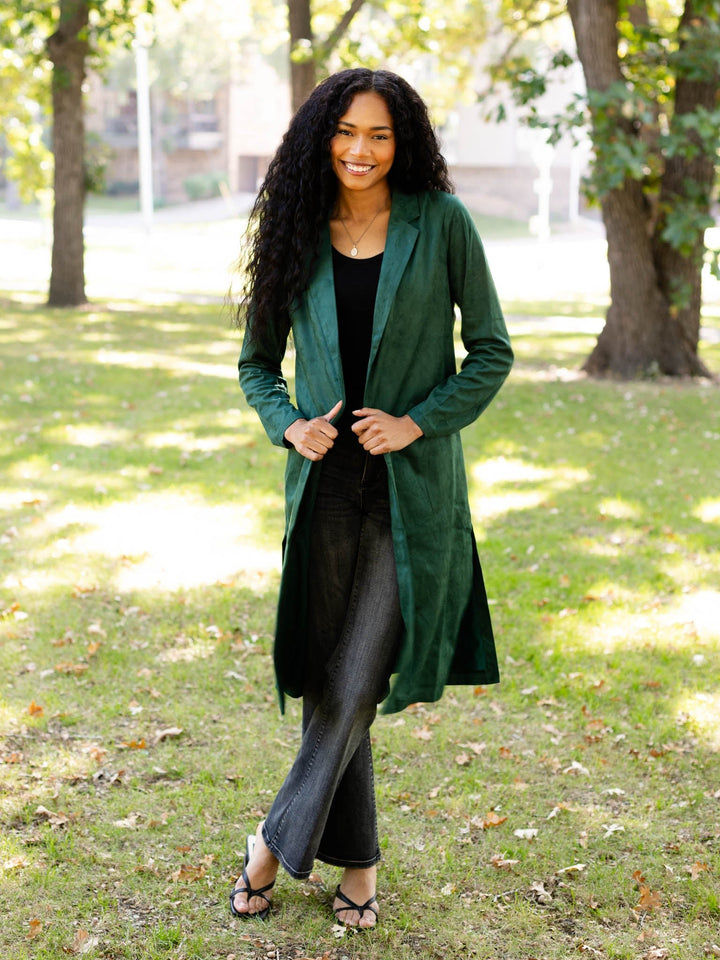 dark green suede duster