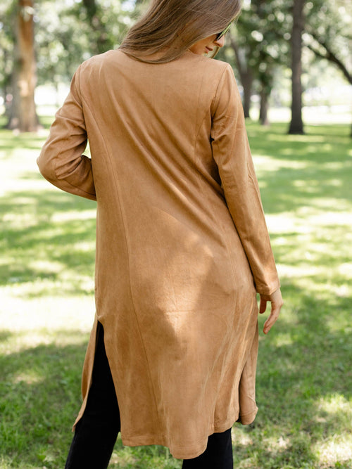 camel colored faux suede open duster