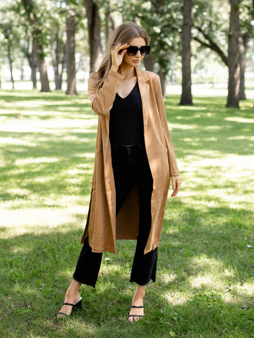 camel colored faux suede open duster