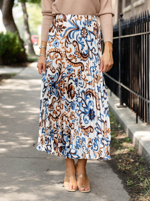 pleated printed satin skirt