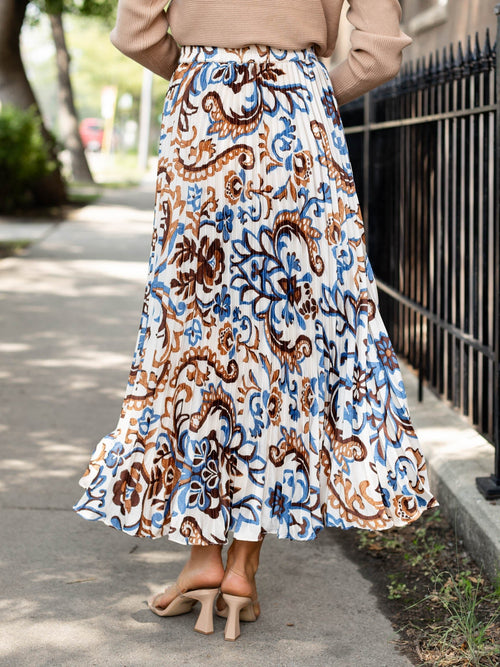 pleated printed satin skirt