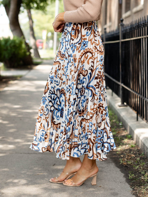 pleated printed satin skirt