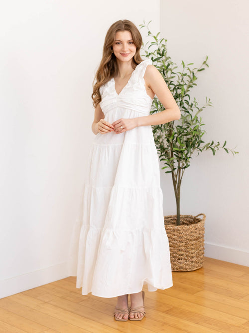 white v-neck tiered dress