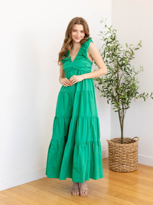 green v-neck tiered dress