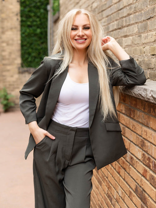 dark olive ruched sleeve blazer