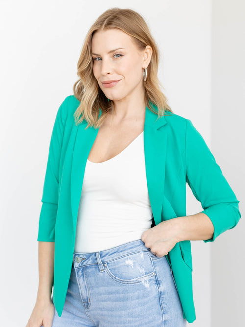 green ruched sleeve blazer