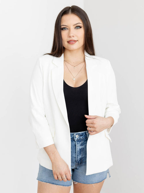 bright white ruched sleeve blazer
