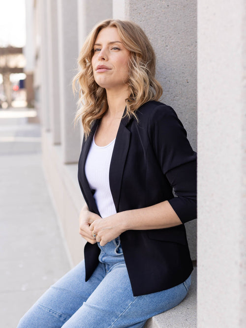 black shirred sleeve blazer