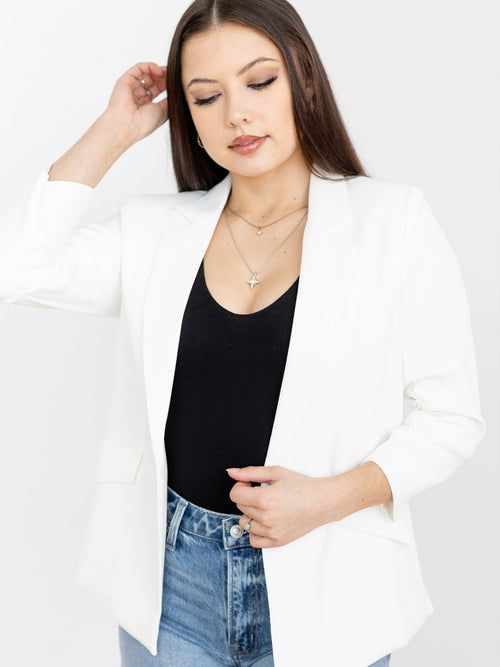 bright white ruched sleeve blazer