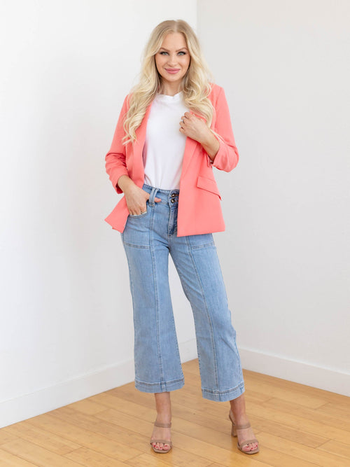 coral colored shirred blazer
