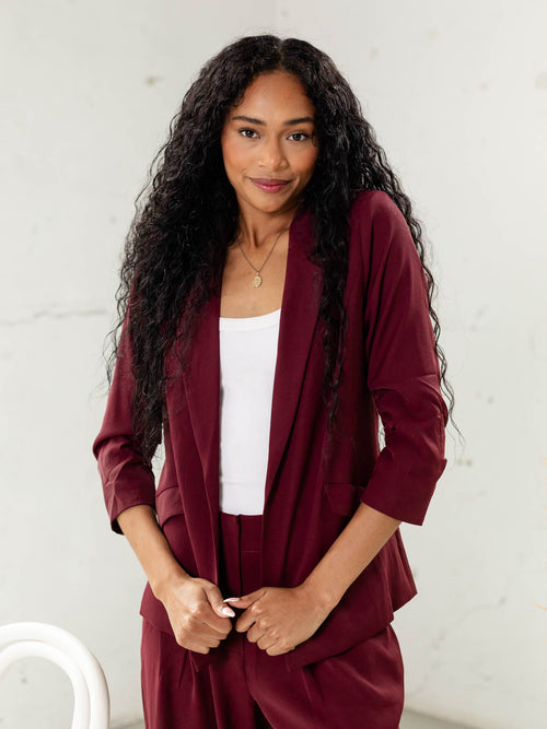 wine colored shirred sleeve blazer