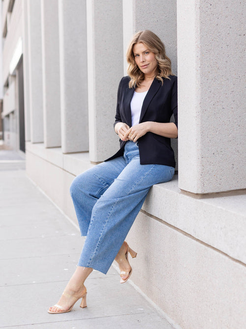 black shirred sleeve blazer