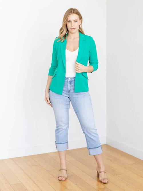 green ruched sleeve blazer