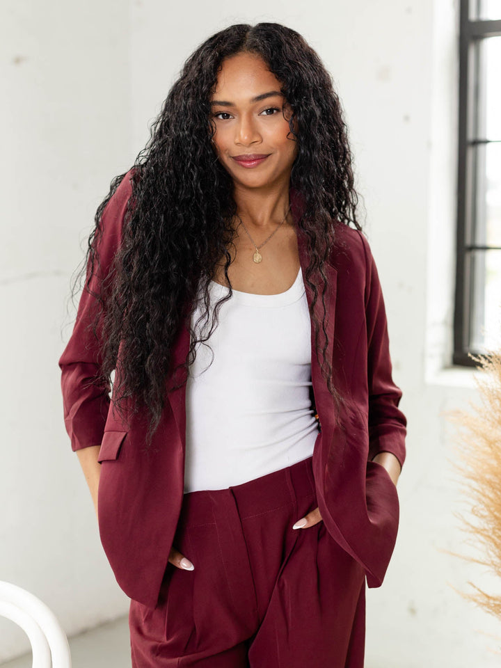 wine colored shirred sleeve blazer